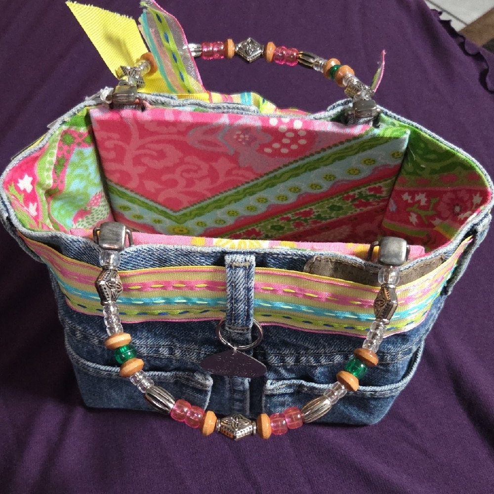 Blue and Pink Mini Bag with Beaded Handle